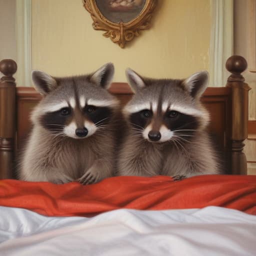 Two loved up raccoons in a bed room in Oil painting style