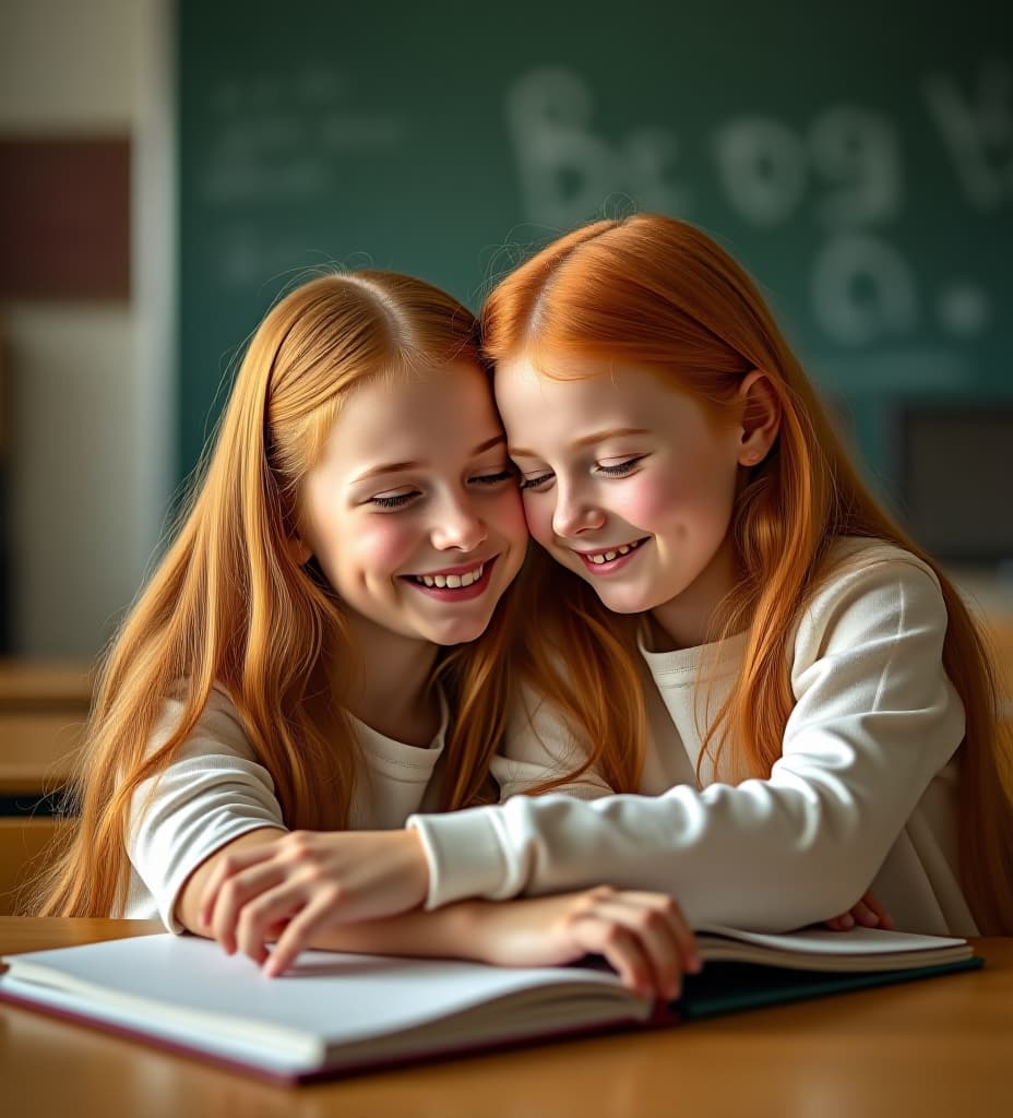  breathtaking shot of a beautiful ginger girl in the classroom sensually passionately cuddling her twin sister,best lighting possible,highest resolution possible,stunning shot,real photo,depth of field,ray tracing,award winning shot,