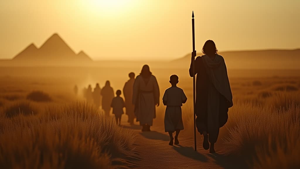  history of biblical times, jacob leads his family into the distance, depicting determination and hope for the future. hyperrealistic, full body, detailed clothing, highly detailed, cinematic lighting, stunningly beautiful, intricate, sharp focus, f/1. 8, 85mm, (centered image composition), (professionally color graded), ((bright soft diffused light)), volumetric fog, trending on instagram, trending on tumblr, HDR 4K, 8K