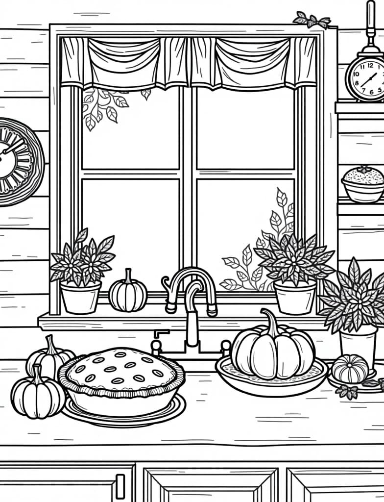  a cozy autumn themed kitchen with a pie cooling on the windowsill, black and white line art on a white background, for an adult coloring page.