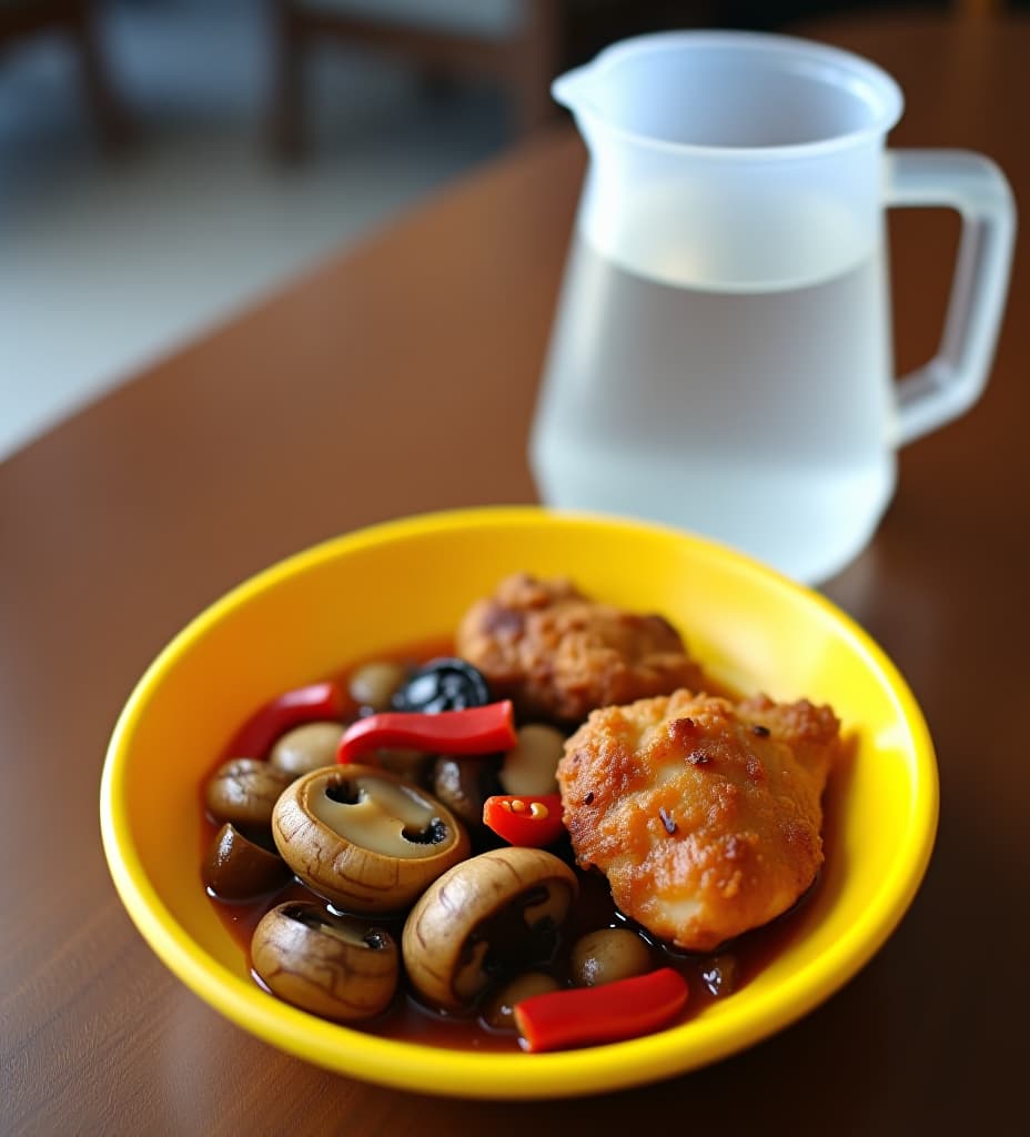  crispy fried chicken thighs in a small yellow bowl and sautéed oyster mushrooms mixed with red chili slices, white water in a plastic jug.