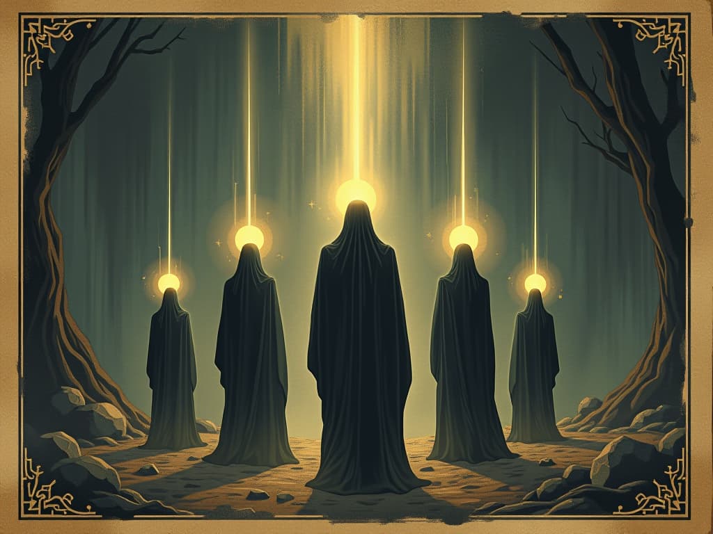  individuals standing with glowing orbs, darkness retreating, illuminating surroundings, light beams cutting through shadow, faces determined, sense of hope and triumph. an illustration in the style of a worn, mystical old tarot trump card, mysterious and elements of surrealism. the colors are muted, somber and eerie, but with contrast bring out an occult and esoteric vibe.