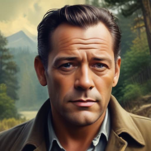 Make a lifelike portrait in the Expressionism art style of … the classic actor William Holden. in Cinematic style with Nature background