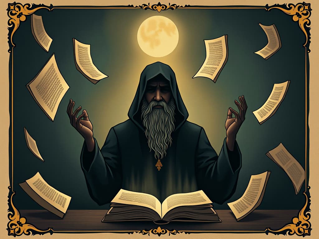  a silhouetted figure, surrounded by floating, glowing book pages, aged hands reaching towards them, deep thought, experience, wisdom. an illustration in the style of a worn, mystical old tarot trump card, mysterious and elements of surrealism. the colors are muted, somber and eerie, but with contrast bring out an occult and esoteric vibe.