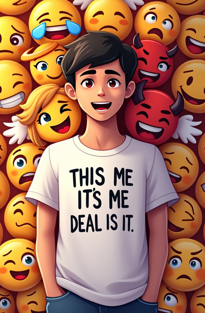  "create an image for a t shirt assorted emojis including happy sad crying angel devil mad blushing cartoon style with text saying this is me deal with it" text and emojis only no person hyperrealistic, full body, detailed clothing, highly detailed, cinematic lighting, stunningly beautiful, intricate, sharp focus, f/1. 8, 85mm, (centered image composition), (professionally color graded), ((bright soft diffused light)), volumetric fog, trending on instagram, trending on tumblr, HDR 4K, 8K