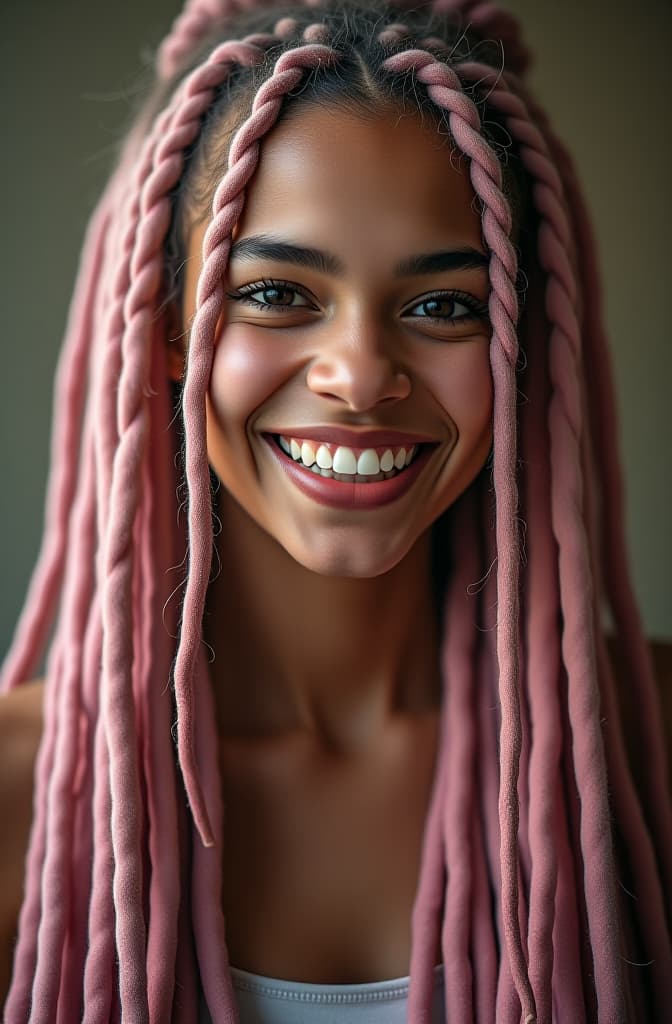  smiling white girl with long dirty pink dreadlocks hyperrealistic, full body, detailed clothing, highly detailed, cinematic lighting, stunningly beautiful, intricate, sharp focus, f/1. 8, 85mm, (centered image composition), (professionally color graded), ((bright soft diffused light)), volumetric fog, trending on instagram, trending on tumblr, HDR 4K, 8K