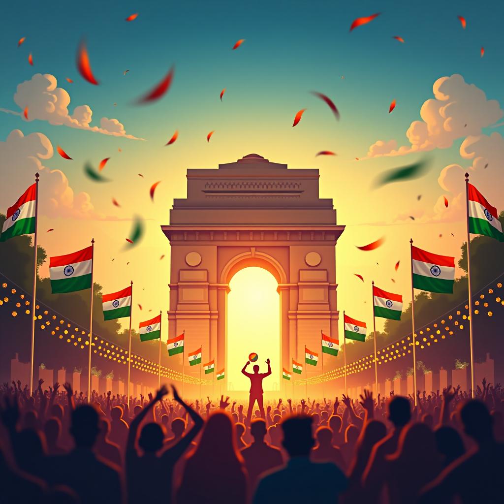  create a vibrant and festive image celebrating india's independence day. incorporate elements such as the indian tricolor flag, patriotic symbols, and traditional decorations. include joyful crowds, cultural performances, and iconic landmarks like the india gate or red fort. the overall mood should be celebratory and filled with national pride.