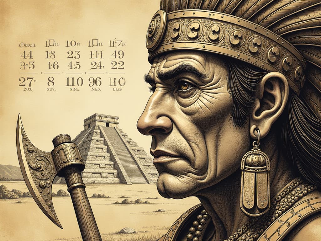  typographic art masterpiece, ink and pen drawing, old photo style, fragment of portrait of aztec chief, macro plan, eyes looking at observer and part of face with tomahawk (looking at viewer, close up). background de alized aztec calendar, aztec pyramids in the distance. brown and beige monochrome color scheme. high detail, high resolution. . stylized, intricate, detailed, artistic, text based