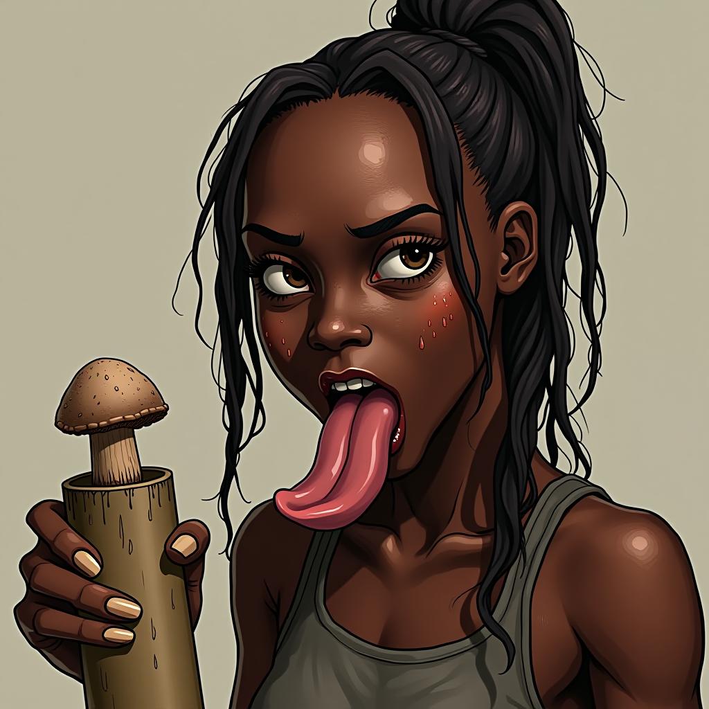  beautiful michonne from the walking dead sticking her large flat tongue fully out, cute prey face, covered in sweat, holding a tan colored cylinder with a mushroom at the end, award winning, professional, highly detailed, masterpiece