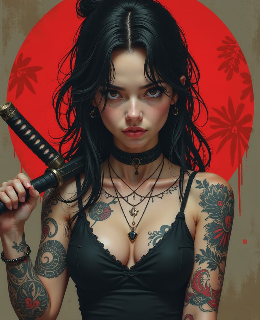  highly detailed and stylized digital artwork featuring a young woman with a striking appearance. she has pale skin, large expressive eyes, and dark, wavy hair that falls over her shoulders. her facial expression is intense and contemplative. she is adorned with numerous tattoos covering her arms and chest, including intricate designs and symbols. she is holding a katana with a black handle and detailed wrappings, resting it on her shoulder. the background features bold red graffiti like symbols, adding to the edgy and rebellious atmosphere of the image. the overall color palette is a mix of dark tones with striking red accents.