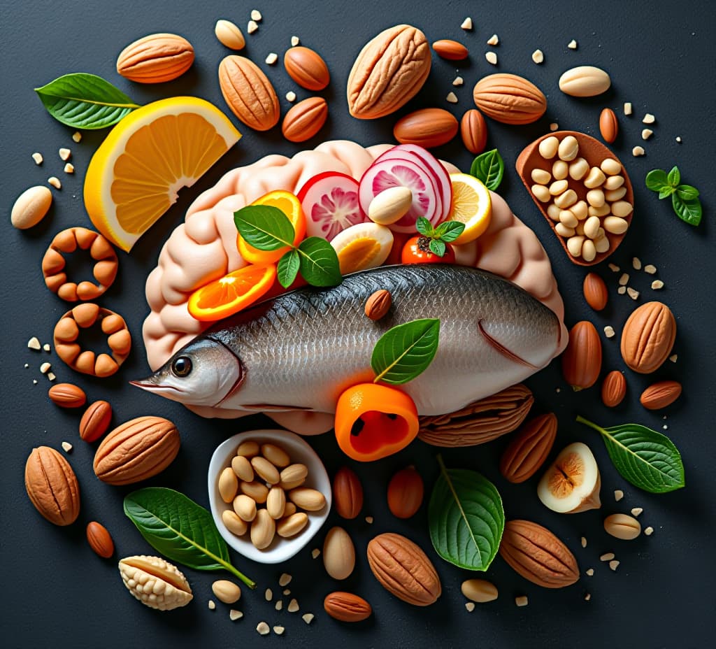  healthy brain food to boost brainpower nutrition concept as a group of nutritious nuts fish vegetables