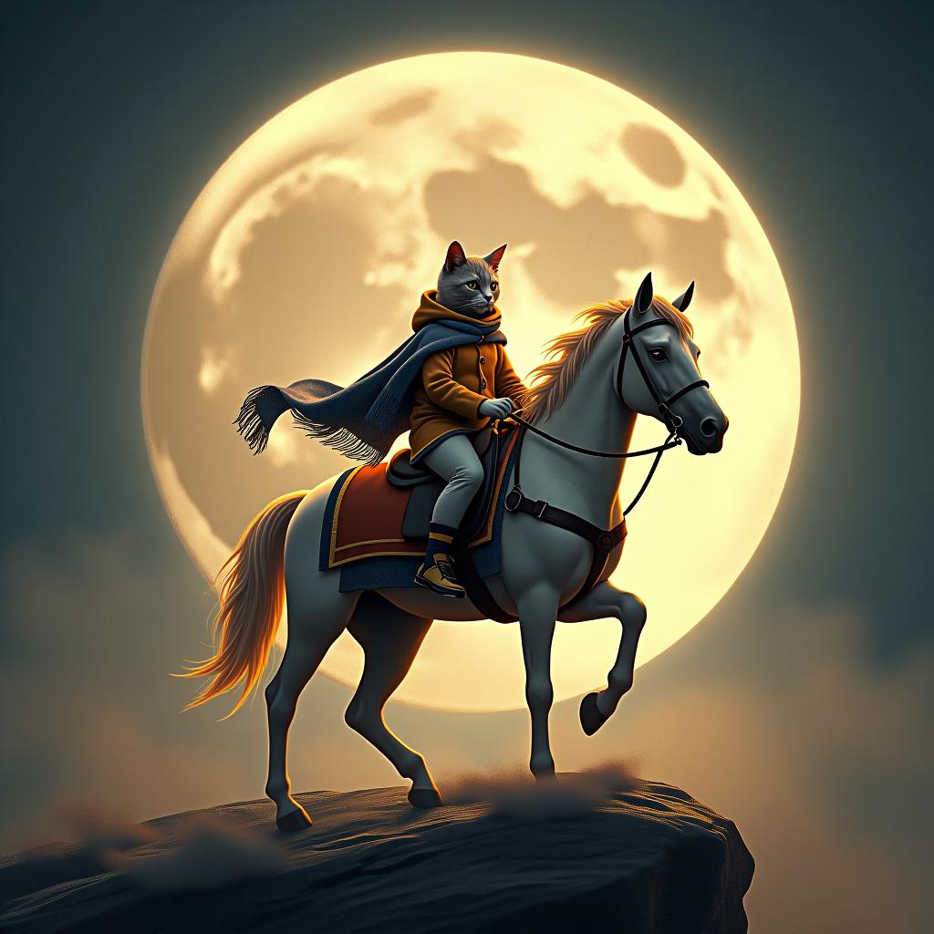  a cat riding a horse, hand drawn, on the moon, studio light, hdr 4k hyperrealistic, full body, detailed clothing, highly detailed, cinematic lighting, stunningly beautiful, intricate, sharp focus, f/1. 8, 85mm, (centered image composition), (professionally color graded), ((bright soft diffused light)), volumetric fog, trending on instagram, trending on tumblr, HDR 4K, 8K