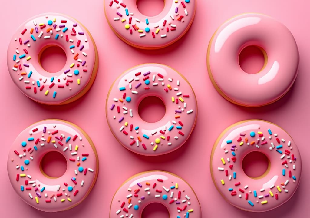  pink donuts with colorful sprinkles on pink background