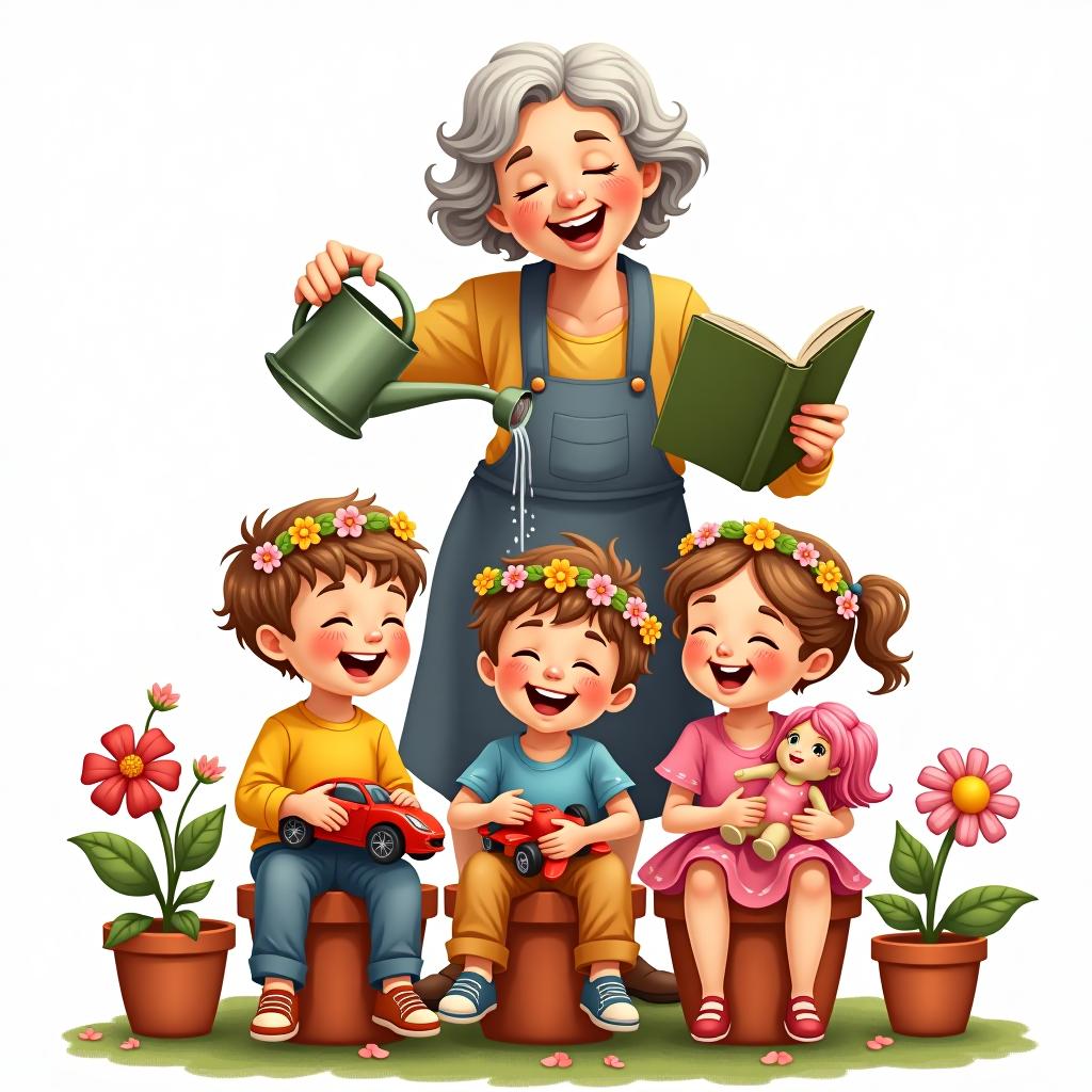  a picturesque image in a colorful style features two boys laughing and smiling, each holding a toy car and a toy airplane, respectively. there is also a girl holding a doll. the children are sitting in flower pots, wearing crowns made of petals and beautiful flowers. above their heads, a sweet old woman, who is a caregiver, is watering them from a watering can while holding a book in her other hand, all against a white background.