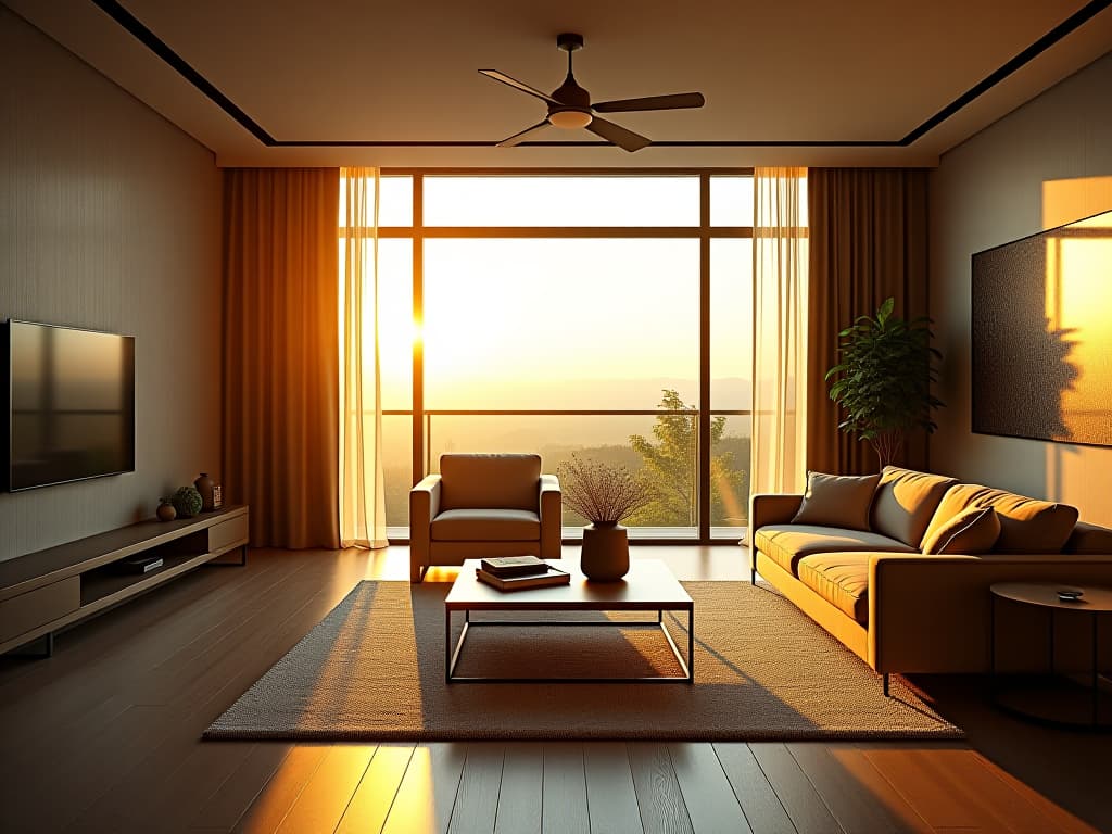  capture a hyperrealistic, highly detailed 8k photograph, unedited raw, showcasing a living room designed in contemporary style, emphasizing clean lines and harmony. utilize a kodak super 8 camera with cinestill 800t film to achieve a bright, soft diffused light effect, creating a symmetrical balance and intricate details in the frame. the image features golden hour lighting, providing a soft, warm ambiance just before sunset and after sunrise, enhancing the dense, stunningly beautiful furnishings and decorations. the professionally color graded photo highlights the sharp focus and hdr capabilities, with a background that blurs intricately, adding to the overall stunning visual experience.