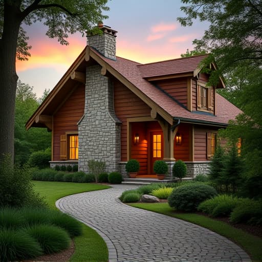  a charming rustic house exterior featuring large wooden beams and stone accents, surrounded by lush greenery and set against a backdrop of a serene countryside landscape. the house should have a warm and inviting feel, with natural textures and materials, including a stone chimney and wooden window shutters. the setting is tranquil, with a cobblestone pathway leading to the entrance and a beautiful sunset in the background.