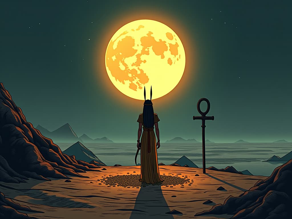  sacred altar with offerings under the full moon, seeds scattered on rich soil, ankh shaped plow nearby, symbolizing growth, anticipation in the air. the style is digital art illustration / modern comic book / mysterious occult, symbolic, esoteric vibe,high detail on character design, incorporating ancient egyptian symbology and attire.