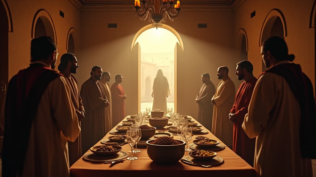  history of biblical times, inside labán's house, preparations being made to welcome the servant of abraham and his party with a lavish display of hospitality. hyperrealistic, full body, detailed clothing, highly detailed, cinematic lighting, stunningly beautiful, intricate, sharp focus, f/1. 8, 85mm, (centered image composition), (professionally color graded), ((bright soft diffused light)), volumetric fog, trending on instagram, trending on tumblr, HDR 4K, 8K