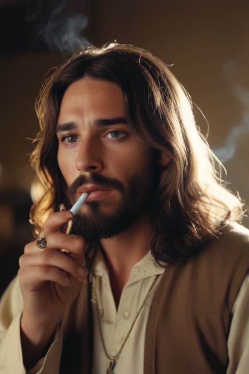 Jesus as an unintelligent county sheriff chain smoking cigarettes and giving a nasty look towards his deciples, 35mm lens, beautiful lighting, photorealistic, soft focus, kodak portra 800, 8k, hyper realistic, hyper detailed
