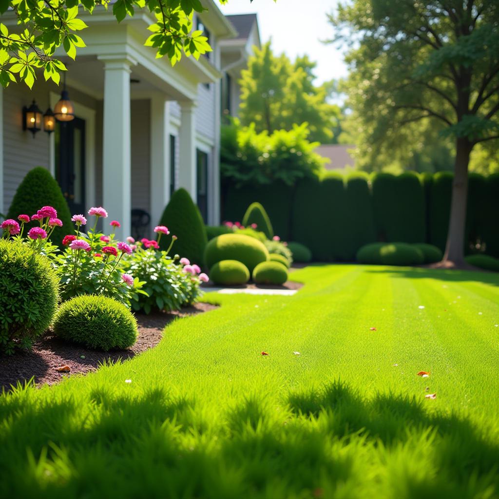  perfect manicured lawn and flowerbed with shrubs in sunshine, on a backdrop of residential house backyard, high quality, high details, hd, perfect composition, 4k epic detailed, highly detailed, sharp focus, high resolution