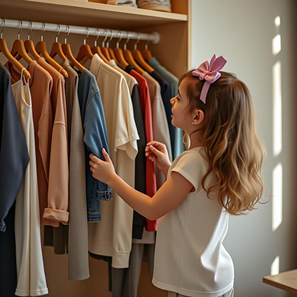  the girl is choosing an outfit while looking at her wardrobe.