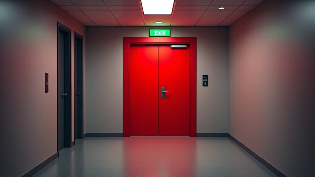  red fire exit door for emergency evacuation in the office building interior. escape from the danger, security hallway, nobody, copy space, text space