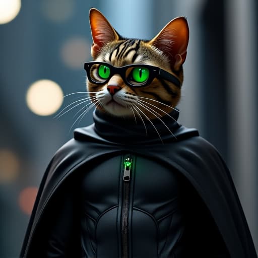  in a vibrant, ultra realistic style reminiscent of a comic book, hemule, the anthropomorphic tabby cat, dons an all black superhero outfit. with green eyes gleaming and a tough, rebellious aura, hemule exudes charisma. his immaculate style pairs perfectly with the edgy vibe he embodies, creating a striking and detailed scene that captures his financial market prowess. hyperrealistic, full body, detailed clothing, highly detailed, cinematic lighting, stunningly beautiful, intricate, sharp focus, f/1. 8, 85mm, (centered image composition), (professionally color graded), ((bright soft diffused light)), volumetric fog, trending on instagram, trending on tumblr, HDR 4K, 8K