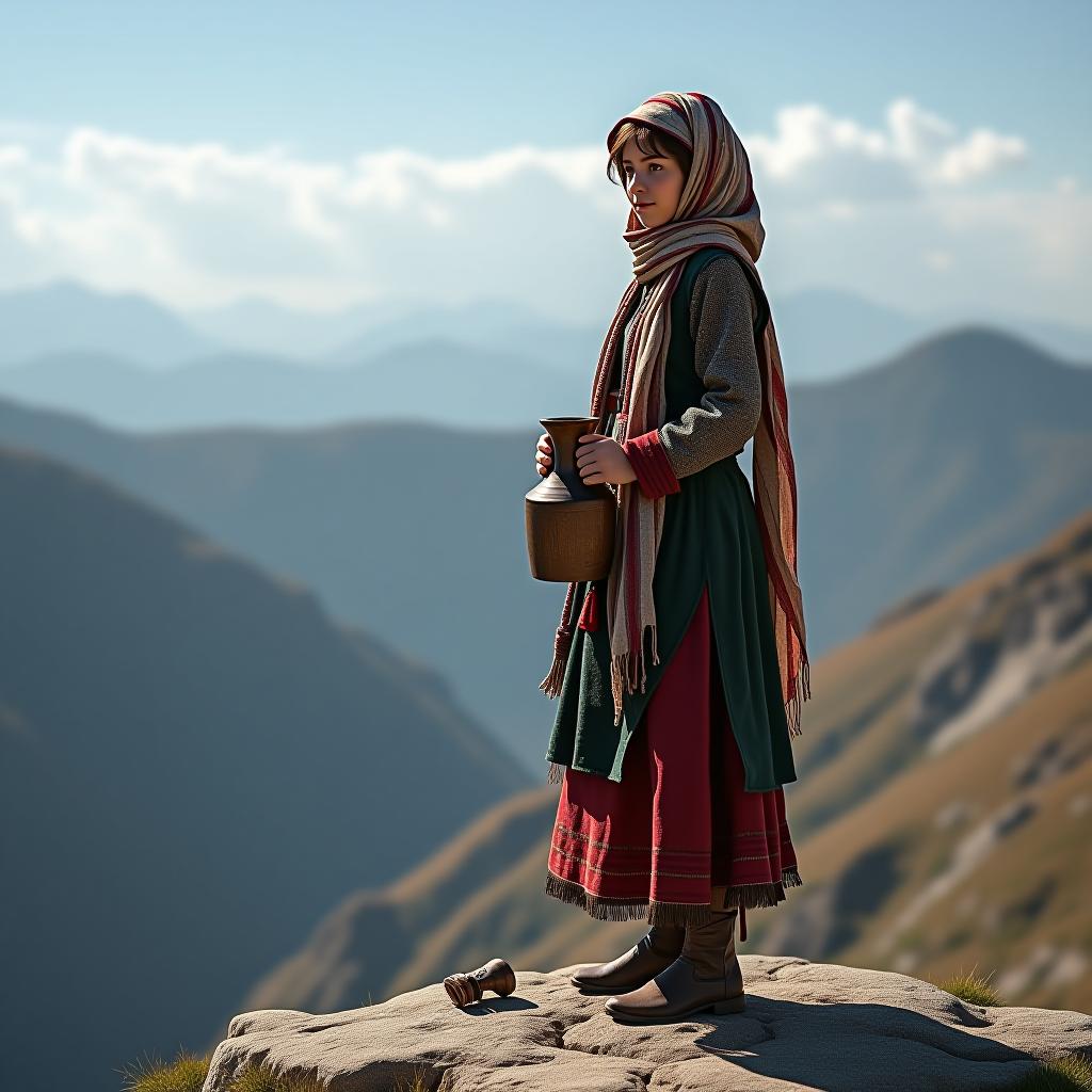  a girl from the caucasus, tall and slender, wearing a traditional caucasian outfit and a large scarf on her head, is standing at the edge of a high mountain with a pitcher in one hand.