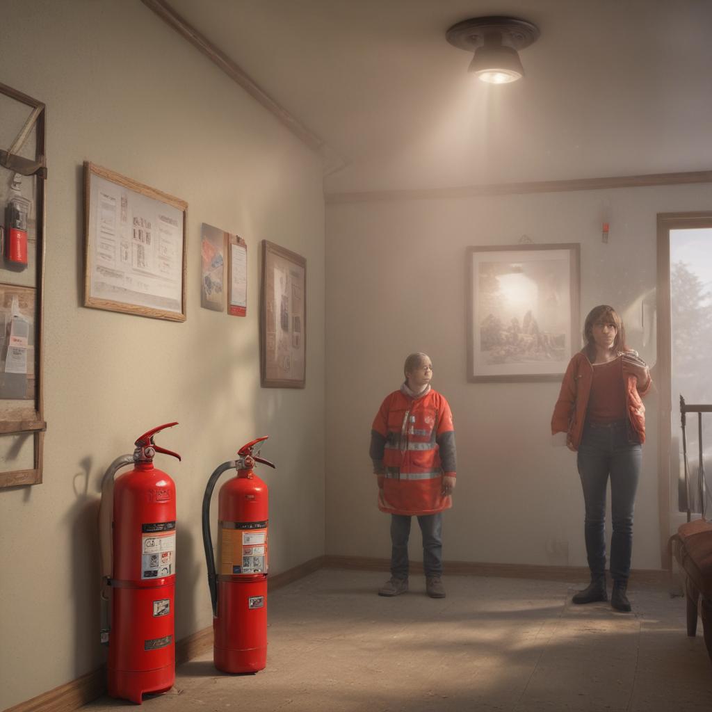 ((masterpiece)),(((best quality))), 8k, high detailed, ultra detailed,A family creating a fire preparedness plan,Parents discussing escape routes,Children practicing stop, drop, and roll,Fire extinguisher hanging on the wall,(Emergency contact numbers) displayed prominently hyperrealistic, full body, detailed clothing, highly detailed, cinematic lighting, stunningly beautiful, intricate, sharp focus, f/1. 8, 85mm, (centered image composition), (professionally color graded), ((bright soft diffused light)), volumetric fog, trending on instagram, trending on tumblr, HDR 4K, 8K