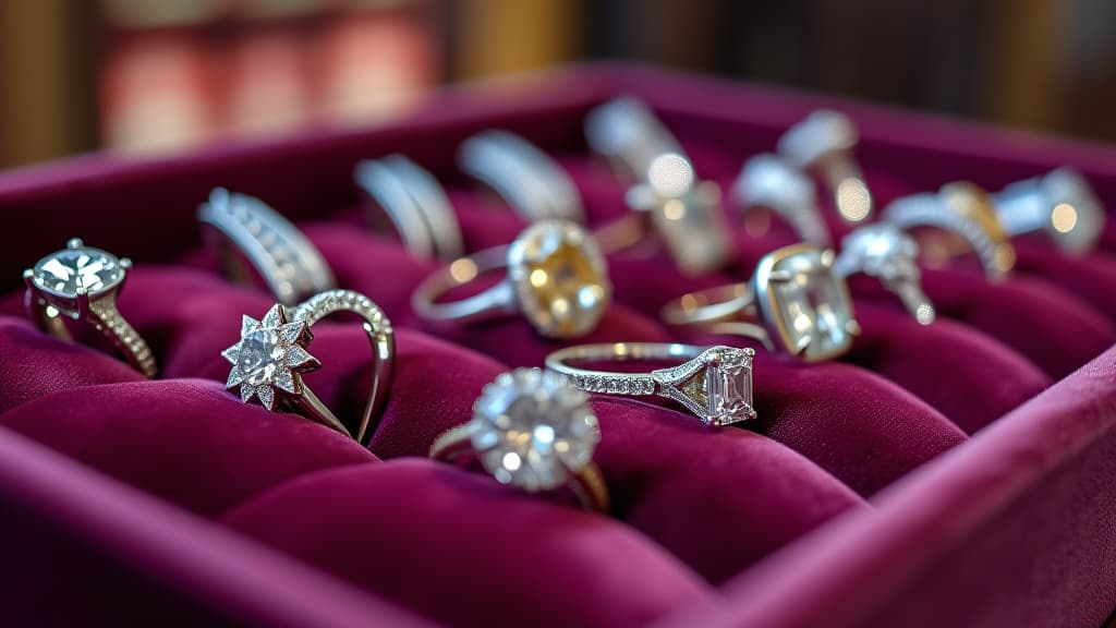  create an image with the following specifications: main subject: description: a stunning array of diverse engagement rings displayed on a luxurious velvet jewelry tray. style: elegant and varied collection of engagement rings. setting: location: high end jewelry store display. composition: framing: close up shot focusing on the rings, with soft background blur. style: art movement: contemporary product photography. technique: high key lighting with soft shadows. atmosphere: mood: romantic, luxurious, and inspiring. color palette: dominant colors: white, gold, silver, rose gold, deep purple. mood: rich and opulent. details: foreground: various engagement rings featuring different cuts of diamonds and gemstones, metal types, and design hyperrealistic, full body, detailed clothing, highly detailed, cinematic lighting, stunningly beautiful, intricate, sharp focus, f/1. 8, 85mm, (centered image composition), (professionally color graded), ((bright soft diffused light)), volumetric fog, trending on instagram, trending on tumblr, HDR 4K, 8K