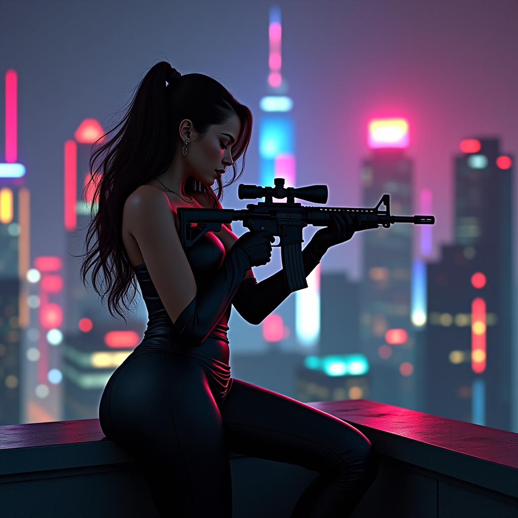  a rooftop shot of a latina woman, exposing her well endowed figure, wrapped in tight leather as she holds a sniper rifle against the backdrop of neon drenched, cyberpunk cityscape. shot using a sony a7r iv coupled with a 70 200mm f/2.8 gm oss ii lens for incredible zoom and detail clarity. hyperrealistic, full body, detailed clothing, highly detailed, cinematic lighting, stunningly beautiful, intricate, sharp focus, f/1. 8, 85mm, (centered image composition), (professionally color graded), ((bright soft diffused light)), volumetric fog, trending on instagram, trending on tumblr, HDR 4K, 8K