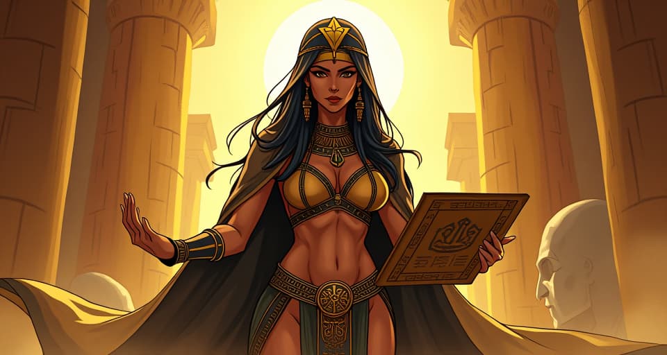  a stone tablet adorned with intricate hieroglyphs, held by a large busted priestess in form fitting, shimmering robes, under the scrutinizing light of the midday sun.. the style is digital art illustration / modern comic book / mysterious occult, symbolic, esoteric vibe,high detail on character design, incorporating ancient egyptian symbology and attire.