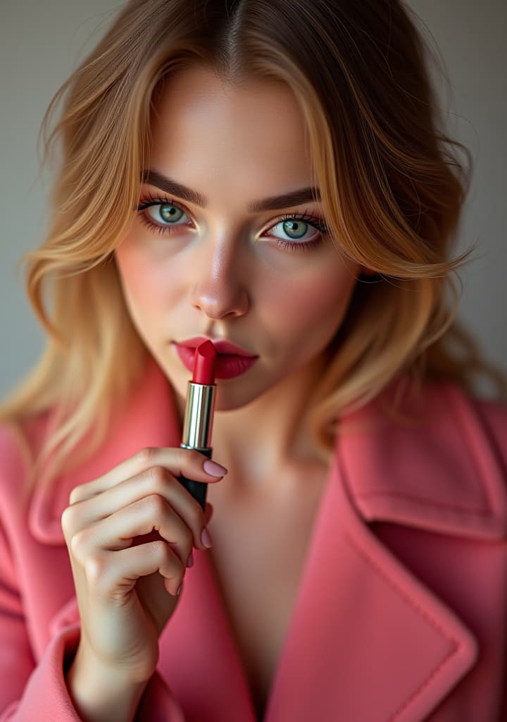  a bold, curious female, russian, adult, model profession, showing a lipstick product, text write on lipstick in bold font style "sugar" hyperrealistic, full body, detailed clothing, highly detailed, cinematic lighting, stunningly beautiful, intricate, sharp focus, f/1. 8, 85mm, (centered image composition), (professionally color graded), ((bright soft diffused light)), volumetric fog, trending on instagram, trending on tumblr, HDR 4K, 8K