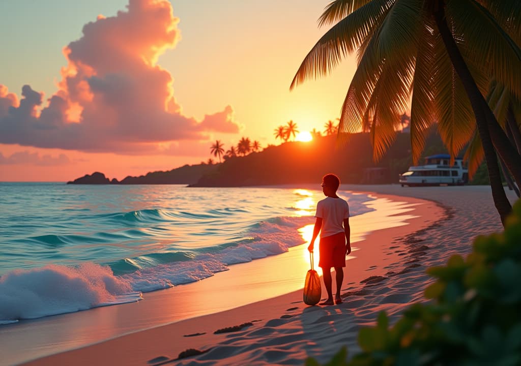  a serene jamaican beach at sunset with a person picking up litter, surrounded by lush tropical vegetation and clear turquoise waters. in the background, a small eco friendly resort blends into the natural landscape., in the style of disney hyperrealistic, full body, detailed clothing, highly detailed, cinematic lighting, stunningly beautiful, intricate, sharp focus, f/1. 8, 85mm, (centered image composition), (professionally color graded), ((bright soft diffused light)), volumetric fog, trending on instagram, trending on tumblr, HDR 4K, 8K