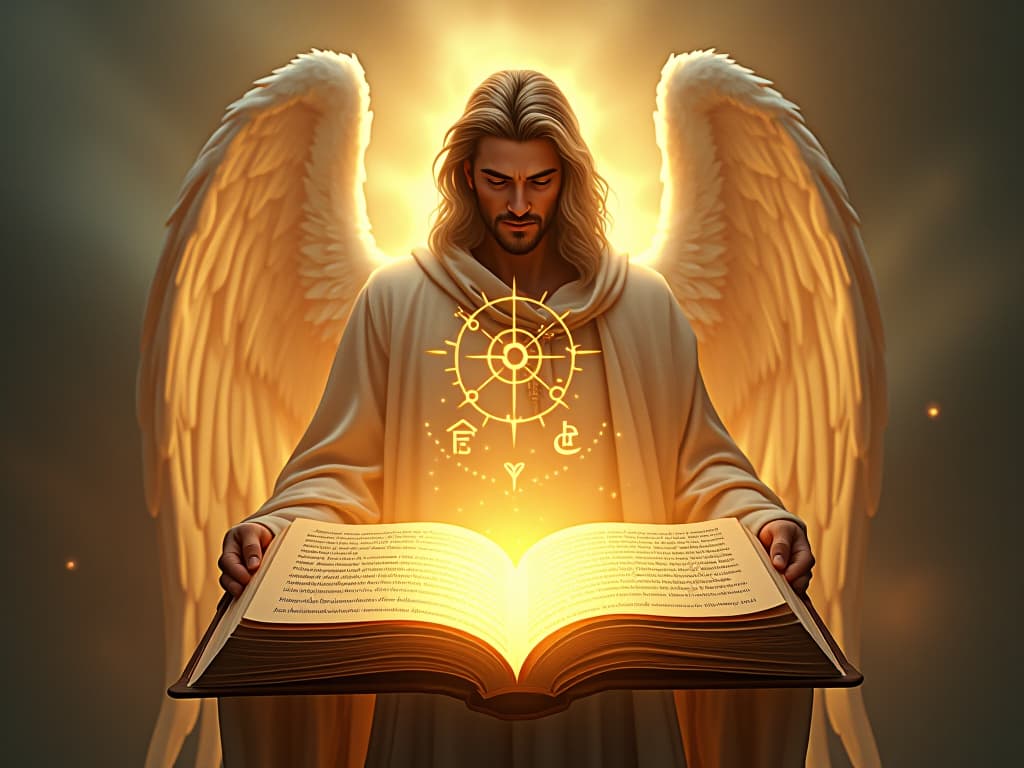  open book, glowing text, mystical symbols floating, angelic presence, ethereal background. strong figure surrounded by light, ethereal wings, radiant aura, celestial setting.