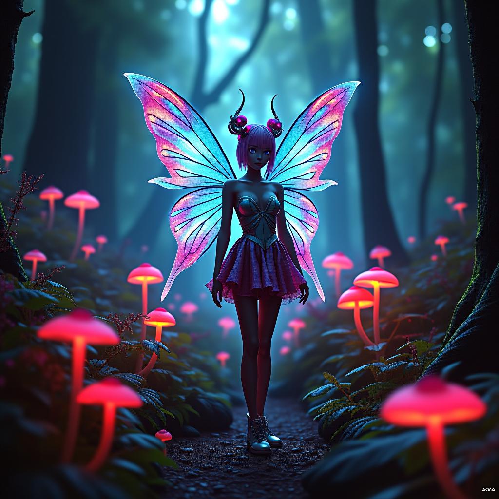  1. a vibrant, fantastical shot of a cyberpunk fairy with luminescent wings, standing amidst neon mushrooms and futuristic foliage in a magical forest. the colors should be bold and electric, and her gaze piercing. shot with a fujifilm gfx 100s and a 32 64mm f/4 lens. small text 'astravision' at bottom right corner. hyperrealistic, full body, detailed clothing, highly detailed, cinematic lighting, stunningly beautiful, intricate, sharp focus, f/1. 8, 85mm, (centered image composition), (professionally color graded), ((bright soft diffused light)), volumetric fog, trending on instagram, trending on tumblr, HDR 4K, 8K