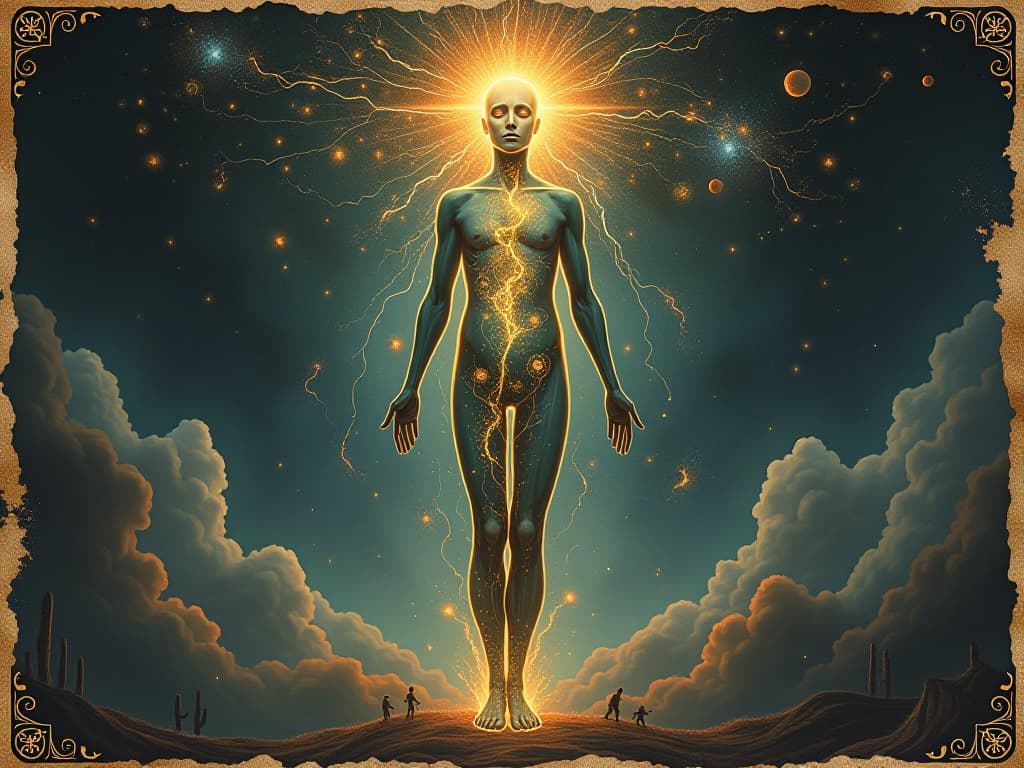  body depicted as a transparent vessel, cosmic truths swirling inside, radiant light, blending with cosmic background, physical and ethereal merging, moving with celestial grace, cosmic integration. an illustration in the style of a worn, mystical old tarot trump card, mysterious and elements of surrealism. the colors are muted, somber and eerie, but with contrast bring out an occult and esoteric vibe.