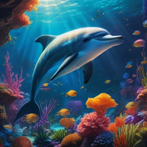 In a serene underwater kingdom, a majestic Divine Beast: Serenade Dolphin gracefully swims among colorful coral reefs. Its shimmering scales reflect the sunlight streaming through the crystal-clear water, creating a mesmerizing rainbow effect. A school of tropical fish follows in its wake, enchanted by its soothing melody that resonates in the depths of the ocean. The scene is a harmonious symphony of nature, where the Divine Beast reigns as a symbol of peace and beauty. fantastical creatures or characters inspired by mythology, folklore, or popular culture. use vibrant colors, sharp lines, intricate details, dynamic poses, dramatic lighting, atmospheric backgrounds, and blend anime, manga, and Western comic influences.