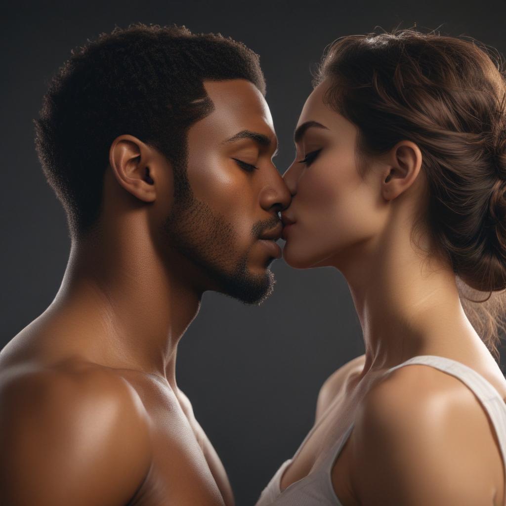 ((masterpiece)),(((best quality))), 8k, high detailed, ultra detailed, dark skinned woman kissing light skinned man with love and unity, expressive body language, emotional connection, diverse love, dramatic lighting hyperrealistic, full body, detailed clothing, highly detailed, cinematic lighting, stunningly beautiful, intricate, sharp focus, f/1. 8, 85mm, (centered image composition), (professionally color graded), ((bright soft diffused light)), volumetric fog, trending on instagram, trending on tumblr, HDR 4K, 8K