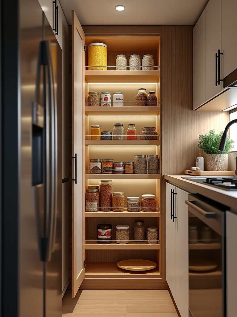  high quality portrait photo of a corner of a tiny kitchen showcasing a pull out pantry system, with multiple shelves smoothly extended to reveal organized dry goods and canned items hyperrealistic, full body, detailed clothing, highly detailed, cinematic lighting, stunningly beautiful, intricate, sharp focus, f/1. 8, 85mm, (centered image composition), (professionally color graded), ((bright soft diffused light)), volumetric fog, trending on instagram, trending on tumblr, HDR 4K, 8K