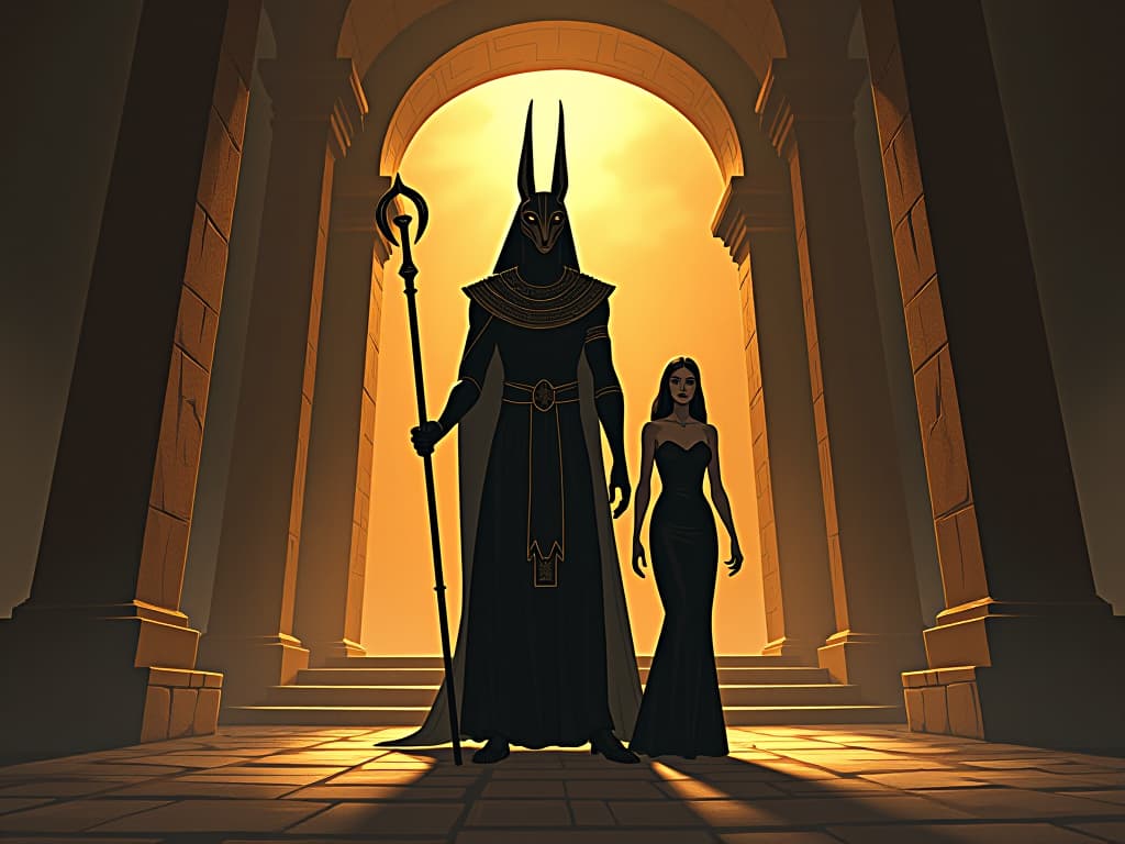  anubis, the jackal headed god, standing at the entrance of an ancient, dimly lit temple, his stern gaze fixed ahead, holding an ankh and a crook, a large busted, alluring priestess in a form fitting black linen gown at his side, symbolizing divine call. the style is digital art illustration / modern comic book / mysterious occult, symbolic, esoteric vibe,high detail on character design, incorporating ancient egyptian symbology and attire.