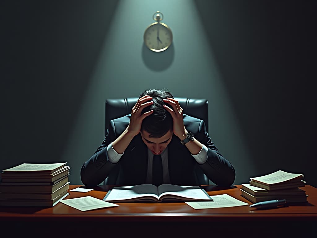  corporate office with disheveled worker slumped at desk, papers scattered, face in hands, stark lighting, shadows, broken clock hanging askew. the style is dark fantasy and mysterious occult, symbolic, moody lighting, esoteric vibe,high detail on character design. for the color scheme emphasize blacks and reds.