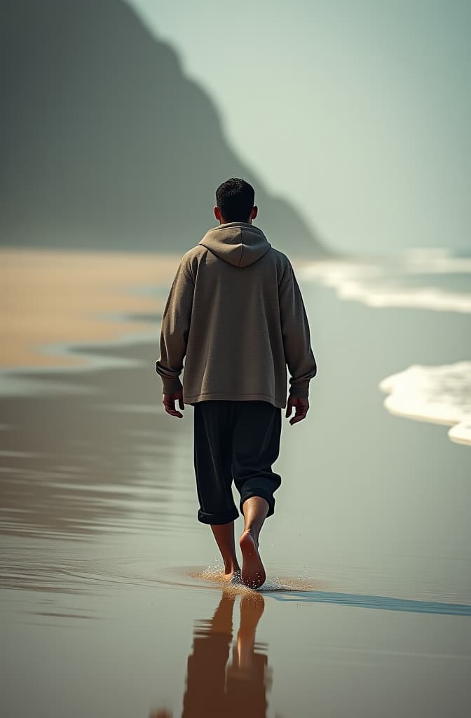  un hombre caminando en la playa hyperrealistic, full body, detailed clothing, highly detailed, cinematic lighting, stunningly beautiful, intricate, sharp focus, f/1. 8, 85mm, (centered image composition), (professionally color graded), ((bright soft diffused light)), volumetric fog, trending on instagram, trending on tumblr, HDR 4K, 8K