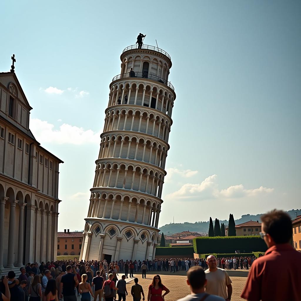  create a high quality, photorealistic image that vividly depicts the following scene: a highly detailed capture of the leaning tower of pisa, mid construction under the glaring tuscan sun. skilled artisans, their faces etched with tired determination, work atop the precarious marble structure. a sense of modest instability is apparent as the tower has already started tilting, casting a long, slanted shadow across an anxious crowd. captured with a canon eos r3, nikon, f/2.8, iso 100. a perfect image of historical struggle, raw, unedited 8k resolution showcasing every detail from the nervous sweat on the artisan's faces to the intricate, unfinished architecture of the tower. the image should: focus on the specific actions, emo hyperrealistic, full body, detailed clothing, highly detailed, cinematic lighting, stunningly beautiful, intricate, sharp focus, f/1. 8, 85mm, (centered image composition), (professionally color graded), ((bright soft diffused light)), volumetric fog, trending on instagram, trending on tumblr, HDR 4K, 8K