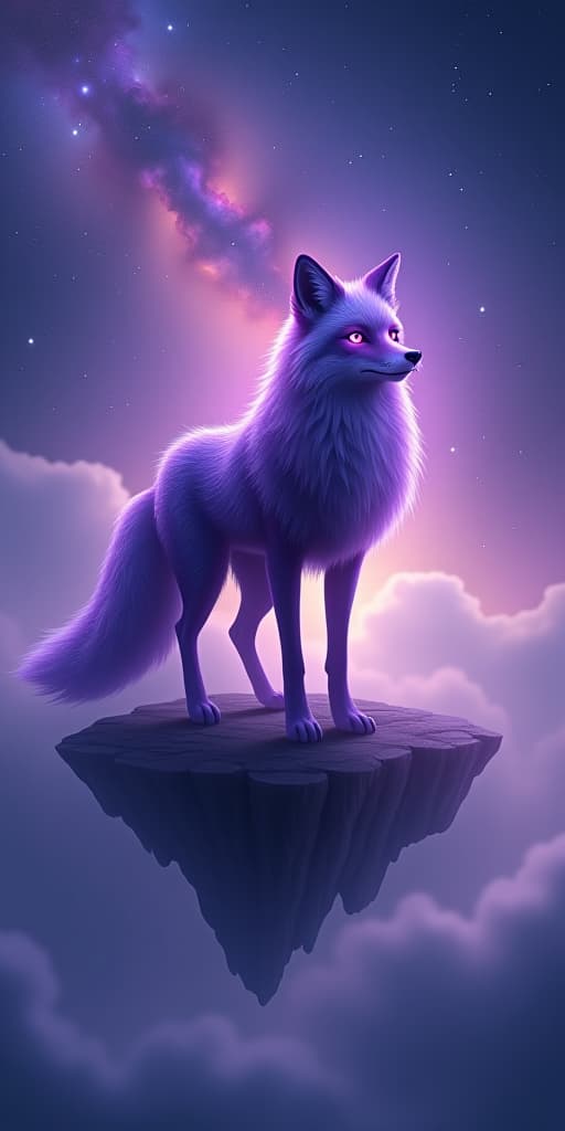  good quality, high quality, a mystical fox with glowing eyes, its fur shimmering in an iridescent purple hue, standing on a floating island surrounded by swirling mist. the background features a cosmic sky filled with vibrant nebulae and distant stars, creating a magical, ethereal atmosphere.