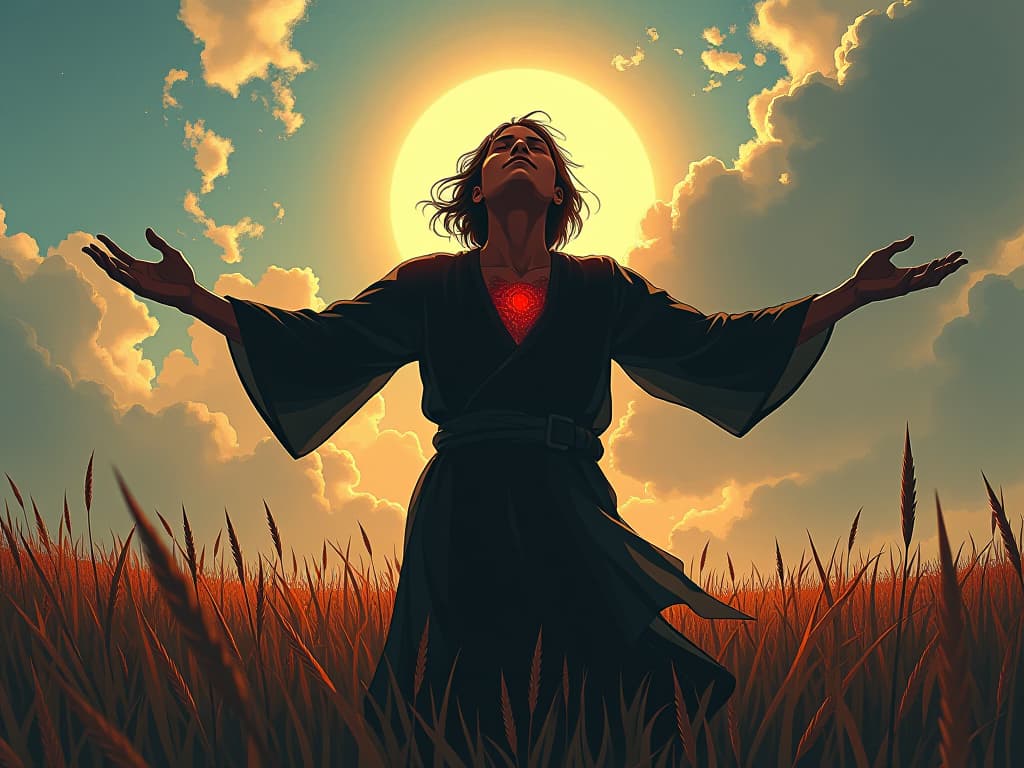  figure in a sunlit meadow, eyes closed and arms outstretched, air filled with calm and liberation. the style is digital art illustration / modern comic book / graphic dark novel fantasy and mysterious occult, symbolic, moody lighting, esoteric vibe,high detail on character design. for the color scheme emphasize blacks and reds.