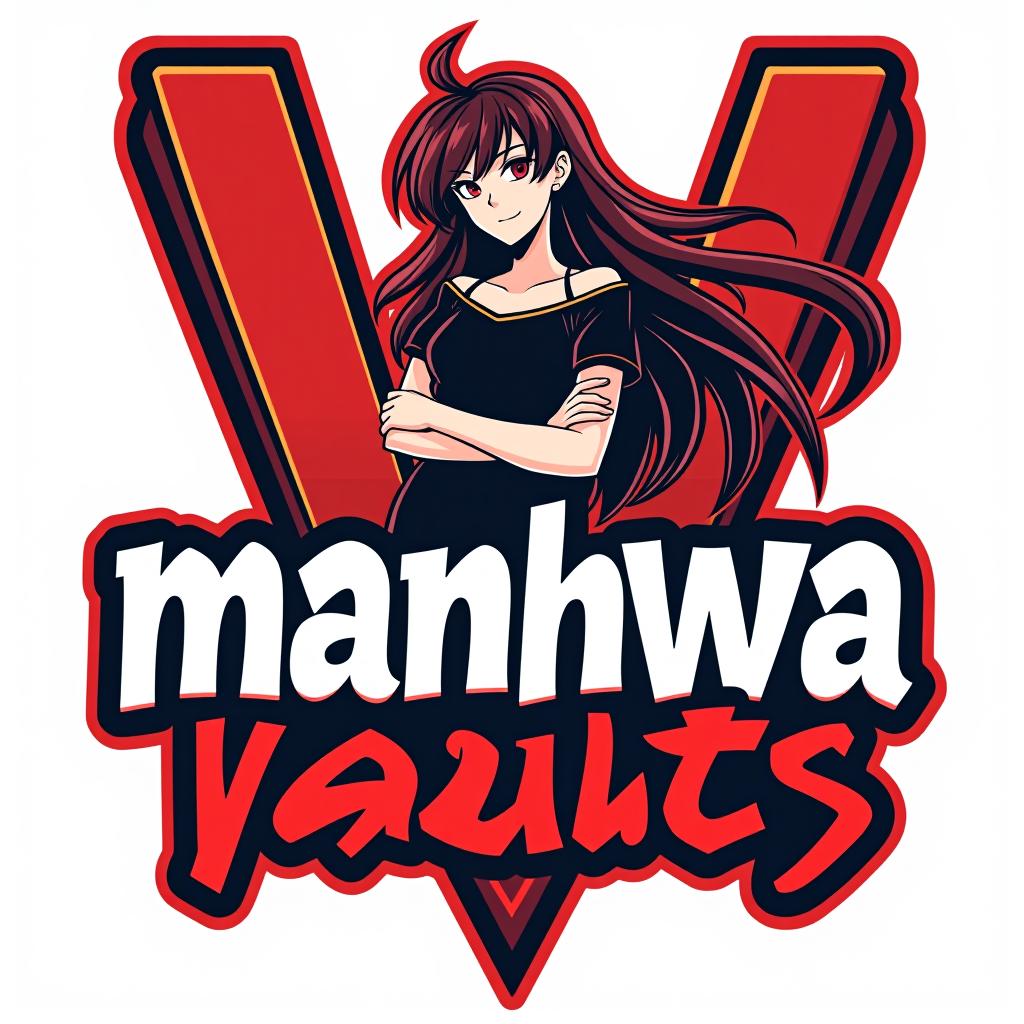  good quality, high quality, a graphic design logo for "manhwa vaults," featuring bold, stylized manga style text with a hot manga style girl leaning against the "v." the girl has long, flowing hair and a confident pose. the color scheme uses sharp contrasts, with vibrant accents to capture the dynamic energy of manga.