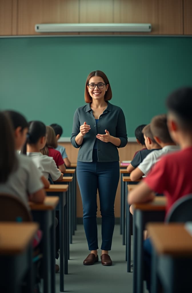  diseña una imagen que represente una sala de clases en donde se incluyan niños de distintas culturas, con discapacidades físicas, motoras, psicológicas. incluye una profesora hyperrealistic, full body, detailed clothing, highly detailed, cinematic lighting, stunningly beautiful, intricate, sharp focus, f/1. 8, 85mm, (centered image composition), (professionally color graded), ((bright soft diffused light)), volumetric fog, trending on instagram, trending on tumblr, HDR 4K, 8K