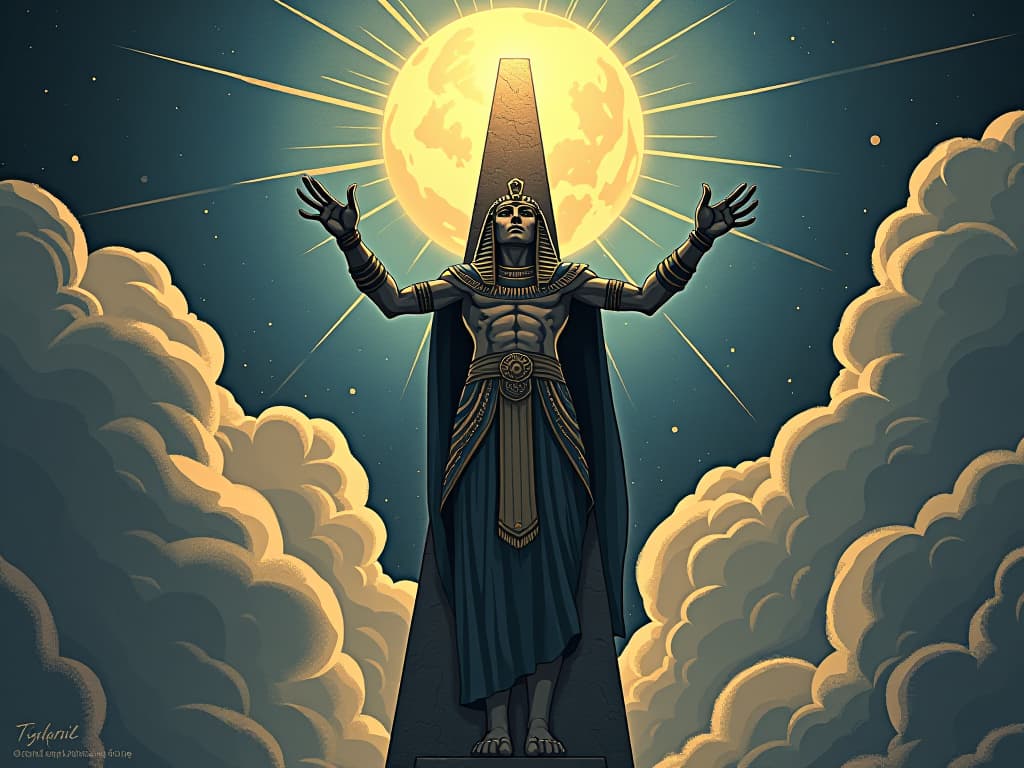  an obelisk rising into the sky, defying gravity, surrounded by ancient symbols and hieroglyphs, transcending human limitations, mystical aura. the style is digital art illustration / modern comic book / mysterious occult, symbolic, esoteric vibe,high detail on character design, incorporating ancient egyptian symbology and attire.