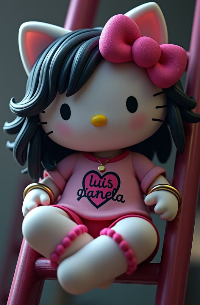  hello kitty with a shirt that says luis and gianela inside a heart, bracelets on her wrists, a necklace with a heart, pink bows on her ears, wavy black hair that reaches her neck. sitting on a ladder crossing her legs and wearing shorts hyperrealistic, full body, detailed clothing, highly detailed, cinematic lighting, stunningly beautiful, intricate, sharp focus, f/1. 8, 85mm, (centered image composition), (professionally color graded), ((bright soft diffused light)), volumetric fog, trending on instagram, trending on tumblr, HDR 4K, 8K